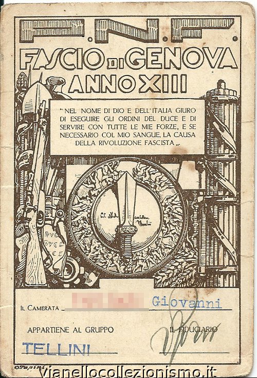 Tessera Gruppo Rionale Tellini 1935