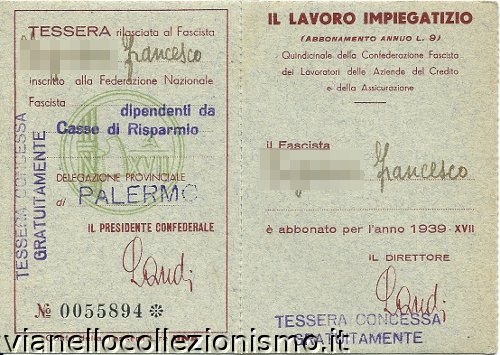 Tessera Confederazione Fascista Lavoratori Aziende Credito Assicurazione 1939