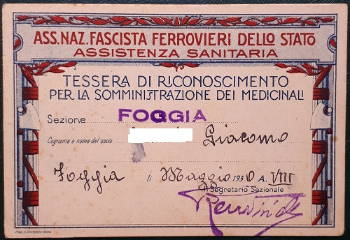 Tessera.Associazione.Nazionale.Ferrovieri.Fascisti.1930