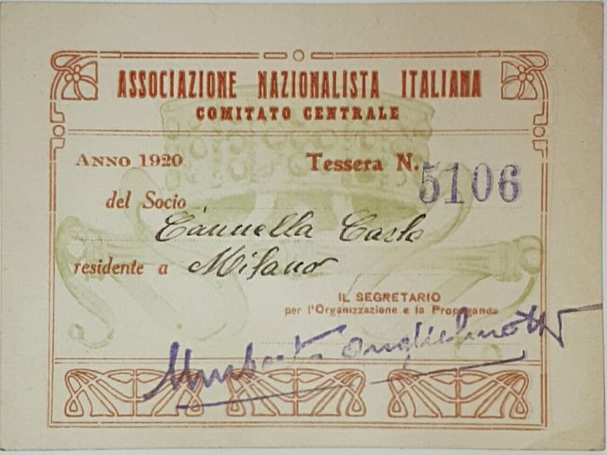 Tessera Associazione Nazionalista Italiana 1920