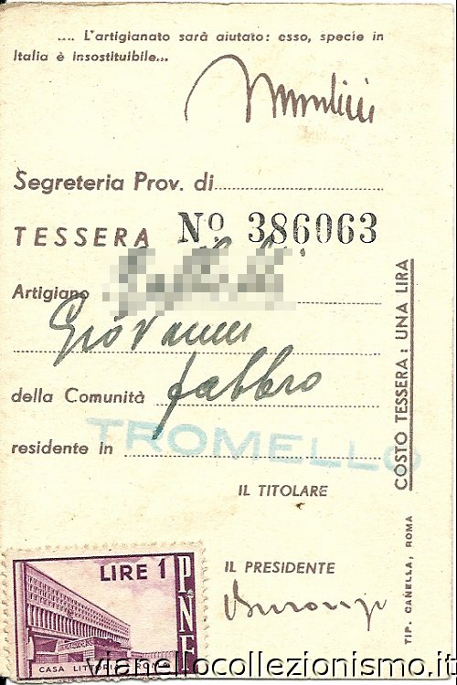 Tessera Federazione Fascista Artigiani 1940