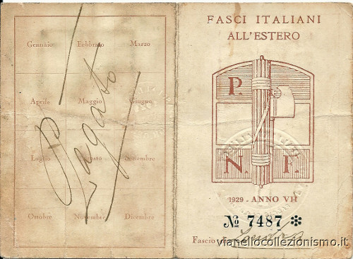 Tessera Fasci Italiani Estero 1929