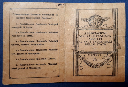 Tessera Associazione Generale Fascista 1930