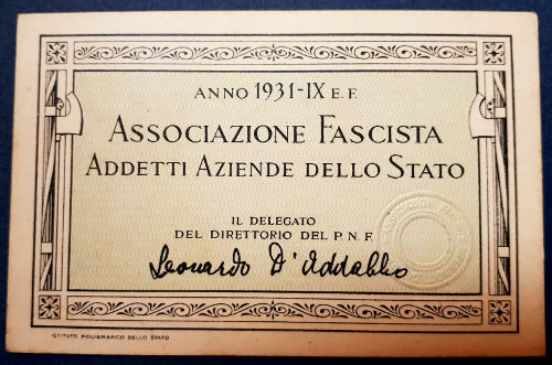 Tessera Associazione Fascista Addetti Aziende dello Stato 1931